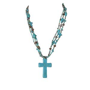 Turquoise Crucifix Cross Stone Necklace Beaded Layered Religious Jewelry u